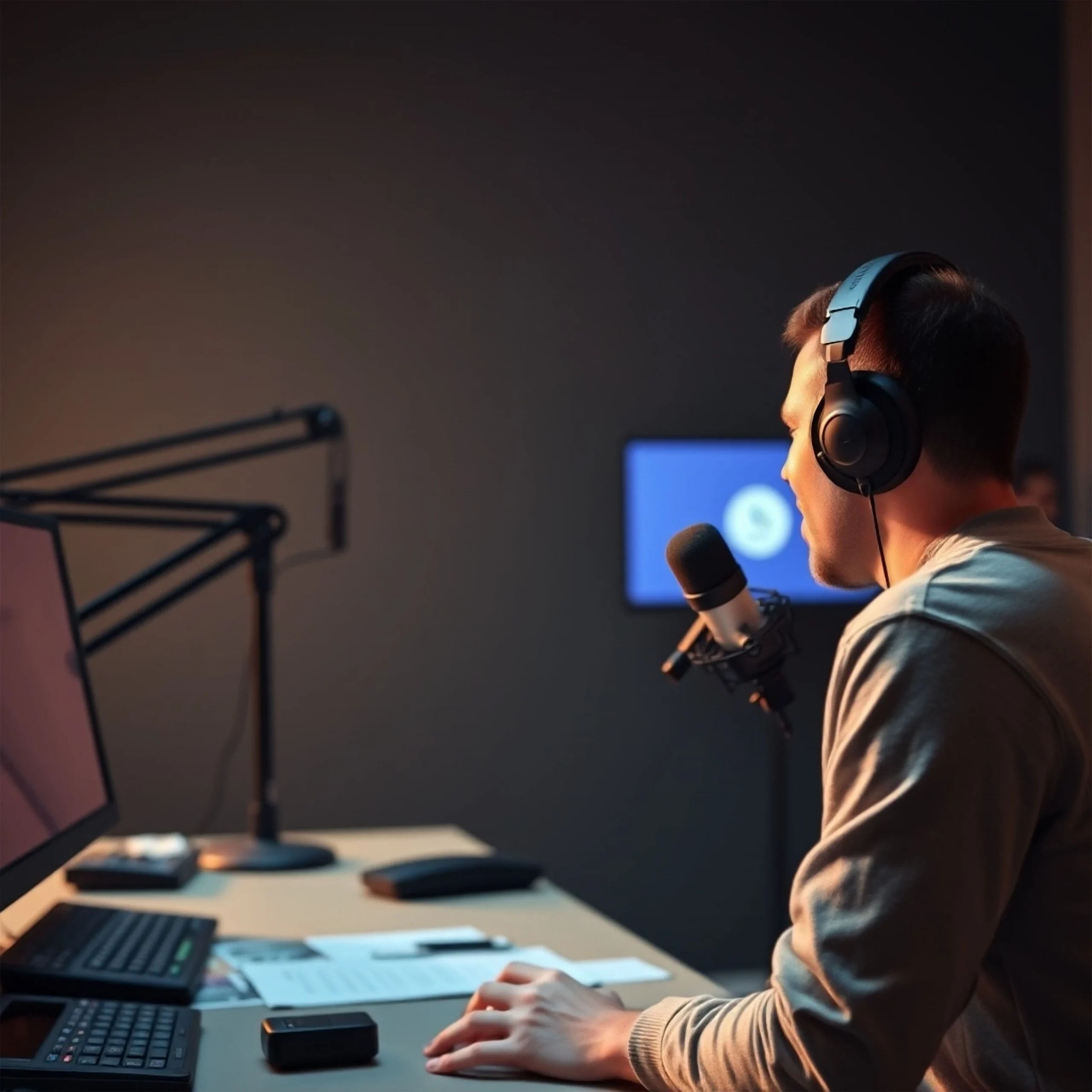A male voice-over artist recording in a professional setup with microphone and headphones — showcasing New Branding Partner’s real voiceover service.